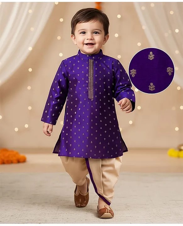 Babyhug Brocade Woven Full Sleeves Kurta Dhoti Set With Floral Foil Print - Purple